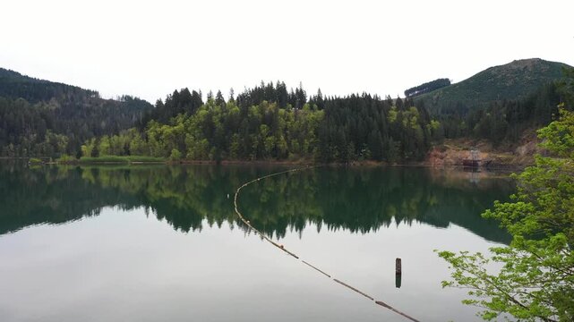4K aerial drone footage of Yale Lake surrounded by forest in Washington, USA. Calm water, scenic shoreline and Pacific Northwest landscape, ideal for nature background and outdoor scenes