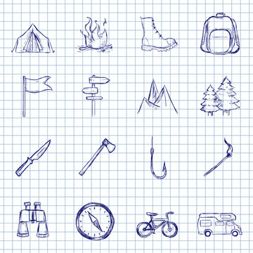 Blue Ink Sketch Set of Hiking Icons