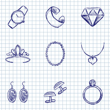 Blue Ink Sketch Set of Jewellery Icons
