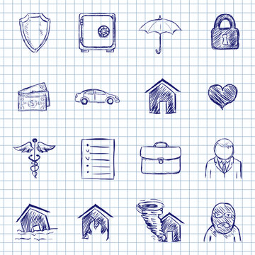 Blue Ink Sketch Set of Insurance Icons
