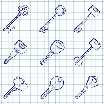 Blue Ink Sketch Set of Key Icons
