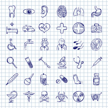 Blue Ink Sketch Set of Medical Icons