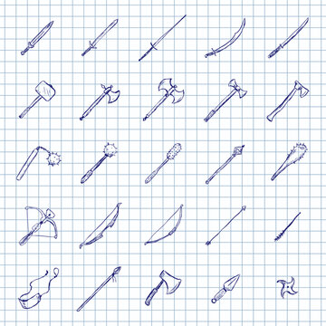 Blue Ink Sketch Set of Medieval Weapon Icons