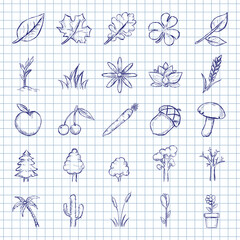 Fototapeta premium Blue Ink Sketch Set of Plant Icons