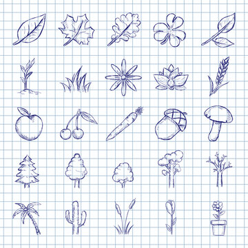 Blue Ink Sketch Set of Plant Icons