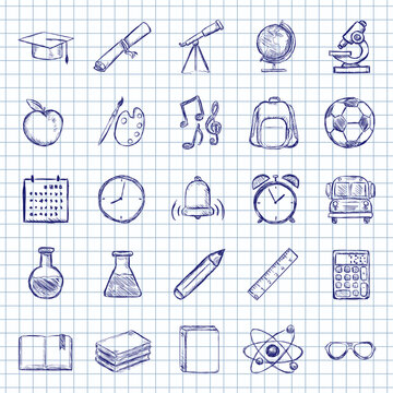 Blue Ink Sketch Set of School Icons