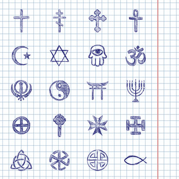 Blue Ink Sketch Set of Religion Icons