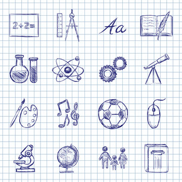 Blue Ink Sketch Set of School Subjects Icons
