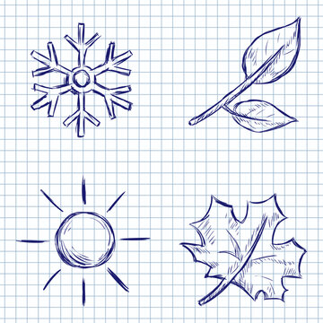 Blue Ink Sketch Set of Season Icons