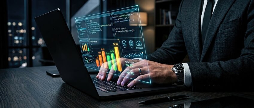 Engaging business data analysis modern office digital interface nighttime environment professional viewpoint technology insights for strategic decision-making