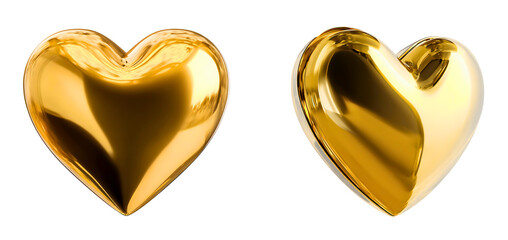 Naklejka premium Two shiny metallic golden heart shaped balloons with glossy reflective surfaces for celebrations and romantic moments isolated on a white or transparent background