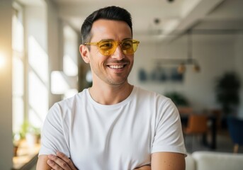 Obraz premium Happy young man with yellow sunglasses smiling in bright modern kitchen