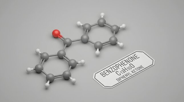 3D molecular model of Benzophenone also known as Diphenyl Ketone showing atoms and bonds =