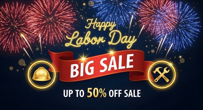 Happy labor day big sale banner with fireworks, hard hat, and tools