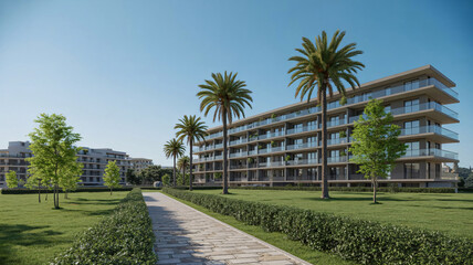 Obraz premium Modern residential building with palm trees and a green lawn through a stone path on a sunny day