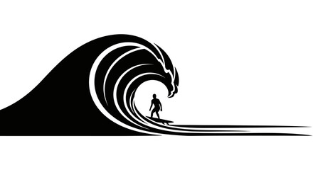 Minimalist Surfer Riding Powerful Ocean Wave Silhouette, Isolated White Background © Rexsona