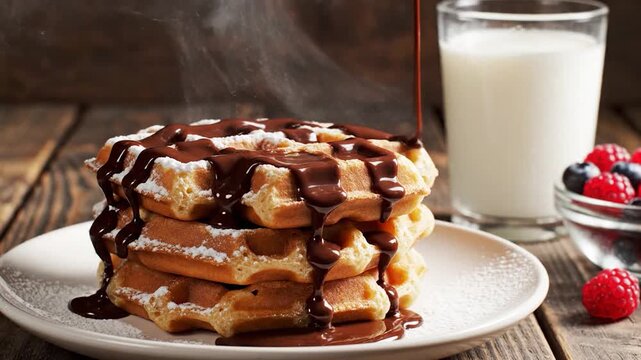 A stack of freshly made breakfast waffles is topped with chocolate sauce, served with a glass of milk and berries on a wooden table