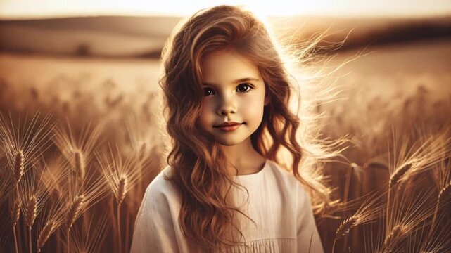 Little girl portrait video in golden wheat field at sunset
