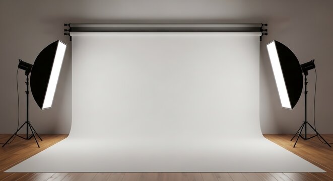 Modern photography studio setup featuring a seamless white background, professional strobe lights with softboxes, and a polished wooden floor, ready for creative photo and video production