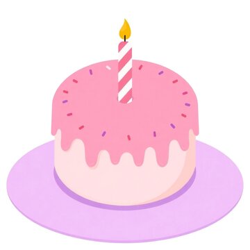 Round pink birthday cake with single lit candle on a purple plate
