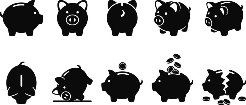 Assorted Black Piggy Bank Icons Showing Saving and Broken States money finance