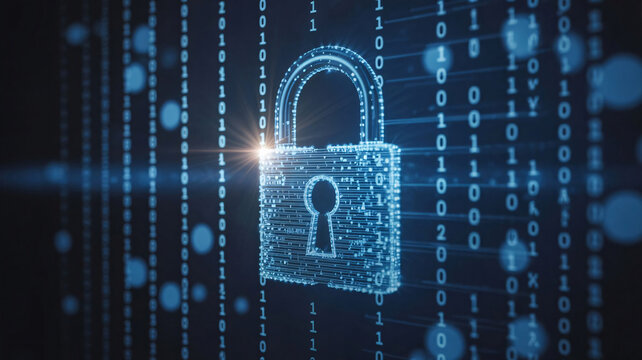 Digital padlock icon with binary code on a blue background for cyber security and data protection