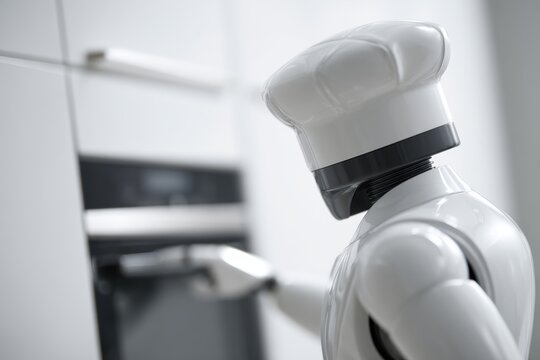 Humanoid robot helping chef control smart oven settings in digital kitchen