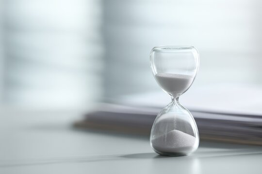 Sand timer on desk representing deadline countdown concept