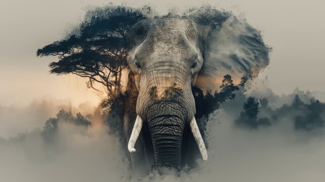 Surreal double exposure of an elephant profile and savanna landscape. Wildlife conservation, nature protection and ecology concept with copy space