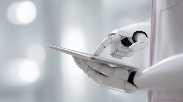 AI robot helping nurse monitor patient health data on medical tablet