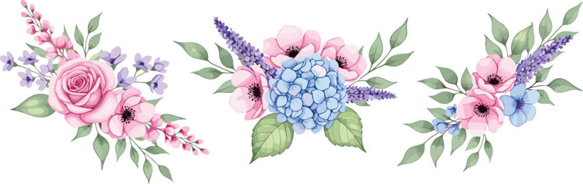 Beautiful watercolor floral bouquet collection featuring pink roses hydrangea lavender and green leaves isolated on white background vector illustration
