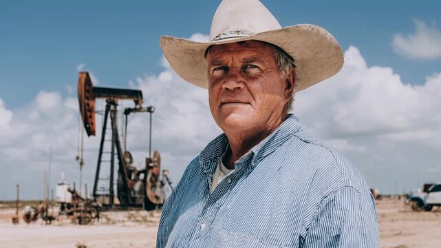 Experienced rancher in cowboy hat surveys oil field with pumpjacks. A weathered rancher wearing a cowboy hat and striped shirt stands in an arid landscape, observing active oil pumpjacks