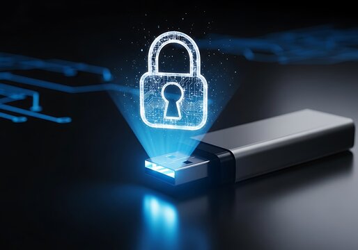 Digital security concept glowing lock and data storage device illustration