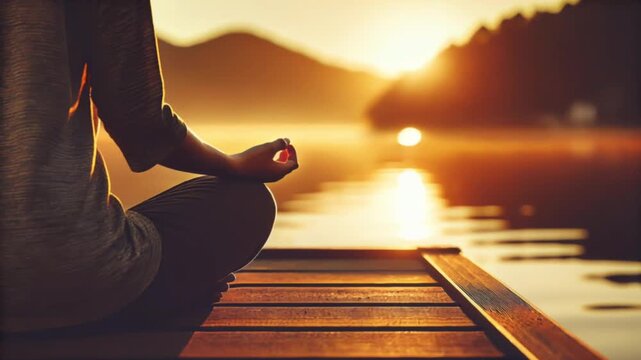 Woman meditating on wooden dock by lake at sunset video