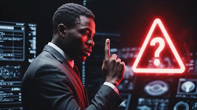 A serious businessman is looking at a warning sign with a question mark, in a dark room with computer screens, representing a problem