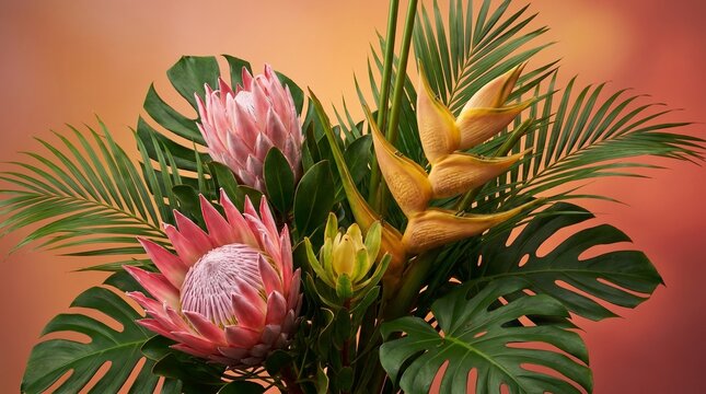 Vibrant and exotic tropical flower bouquet featuring striking proteas, radiant heliconia, and lush green foliage, creating a stunning natural display on a warm gradient background