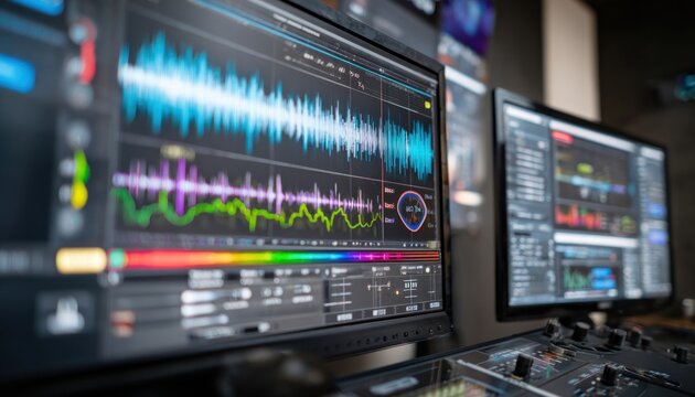 Professional sound editing equipment with visual waveforms and colorful audio analysis display