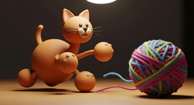 A cute cartoon style clay model cat playing with a colorful yarn ball.