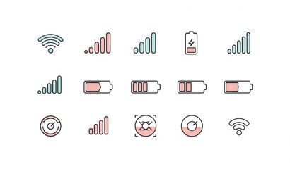 Fototapeta premium Rounded mobile system icons wifi signal strength and battery level modern UI vector set