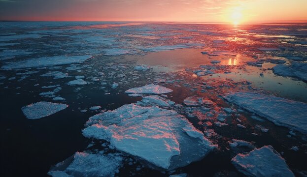 Sunset over arctic sea with floating ice floes and glowing sky in a drone captured landscape