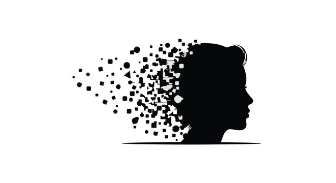 black silhouette of a person's head with particles exploding out