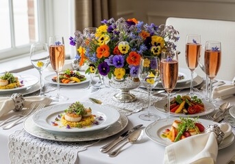 Fototapeta premium Elegant dinner table with floral centerpiece and champagne glasses