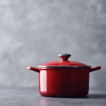 Red cooking pot kitchen cookware on stove minimal background
