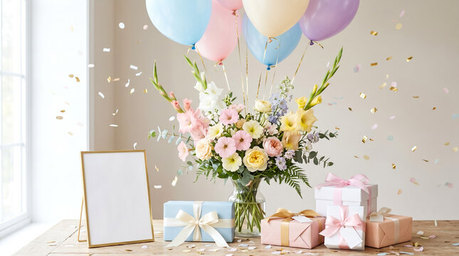 A charming celebration setup features a large floral bouquet, pastel balloons, gift boxes, and a blank frame on a wooden table.