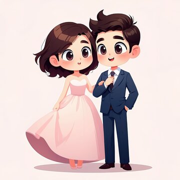Cute chibi wedding couple illustration, bride in pink dress and groom in blue suit, kawaii cartoon love and marriage vector art.
