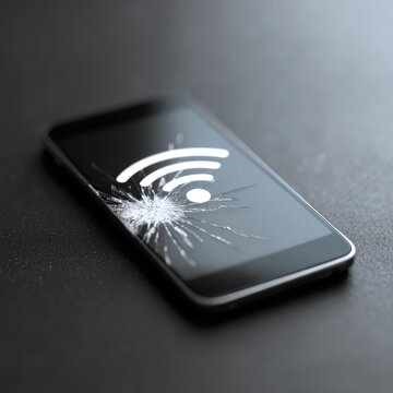 cracked smartphone screen showing disconnected internet icon