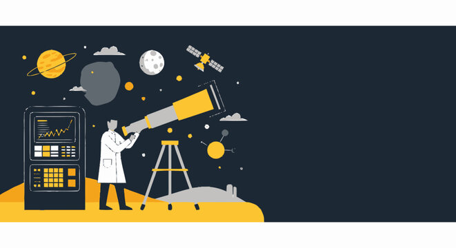 Scientist Observing Celestial Bodies Through Telescope in Space.