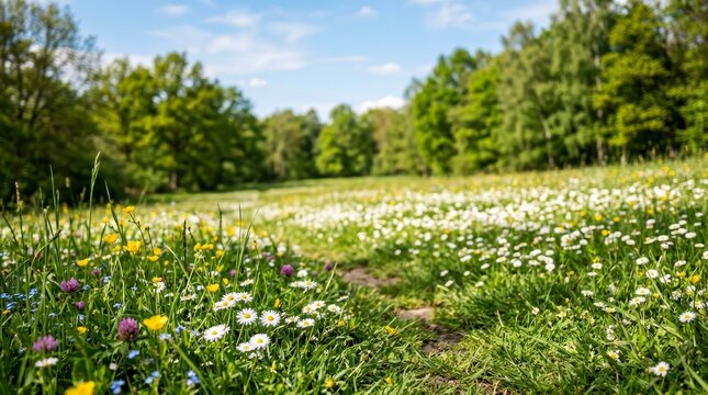 Scenic spring meadow featuring blooming daisies in a sunlit field.