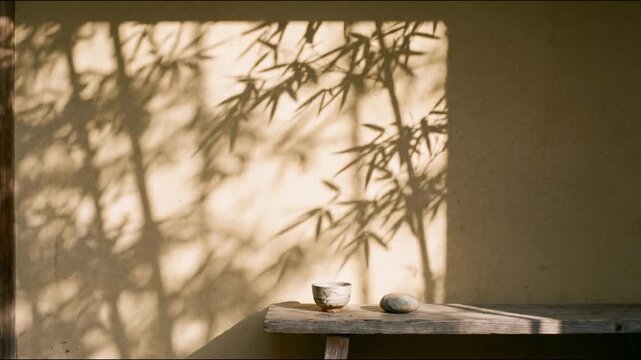 Bamboo shadows dance on a wall with a rustic wooden table and a cup and a stone