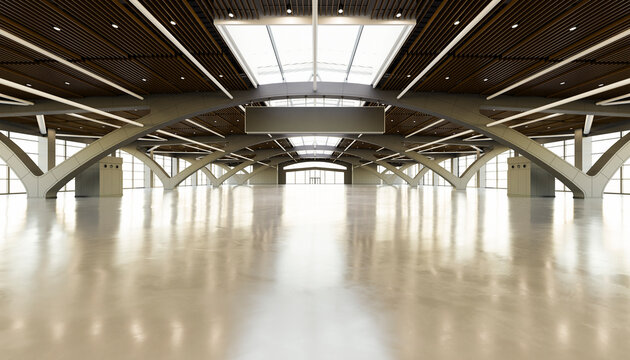 Modern empty exhibition hall render with skylight ceiling